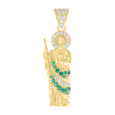 14kt Yellow Gold Mens Green White Cubic-Zirconia St. Jude Religious Charm Pendant